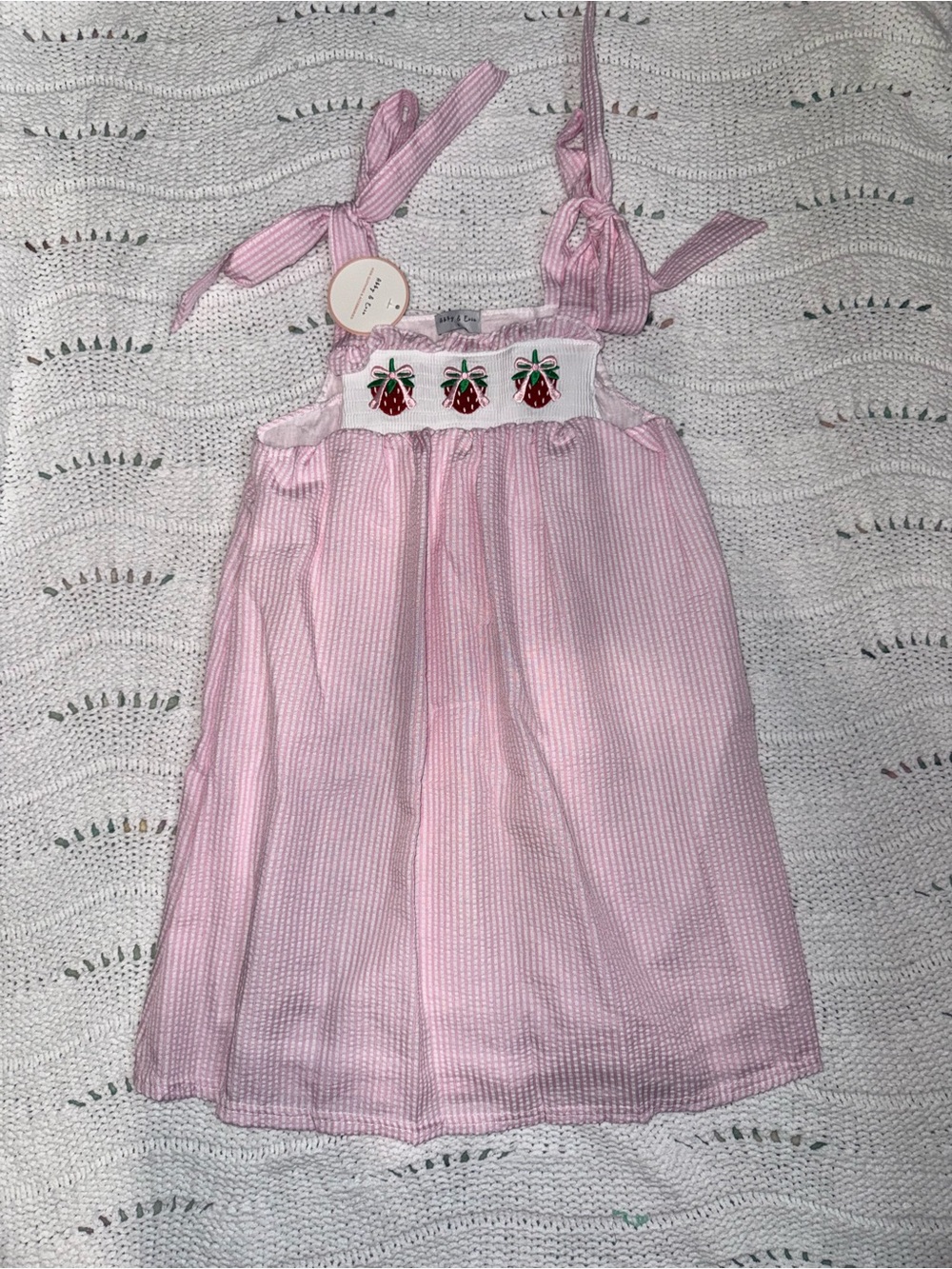 NWT Pink Strawberry Smocked Tie-Shoulder Kids Dress